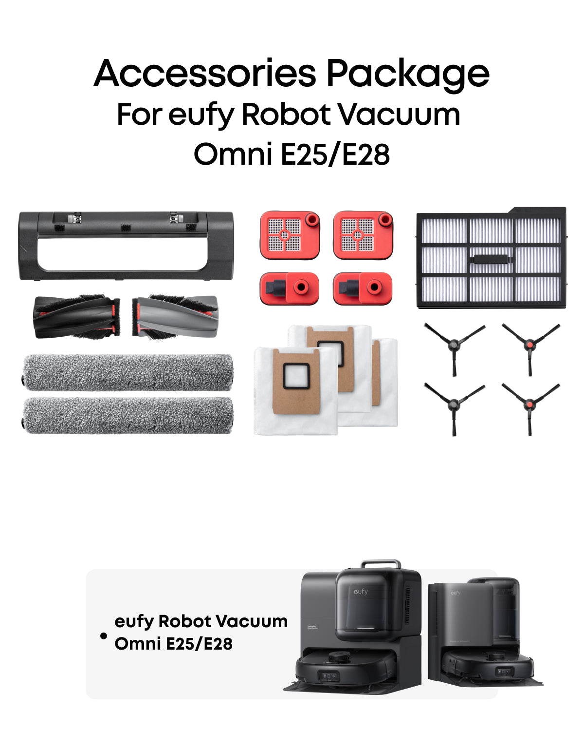 eufy Accessories Package for E28/E25, Side Brush, Filter, Rolling Brush for Robovac, Dustbag, Roller Mop, Dirty Water Reservoir Filter